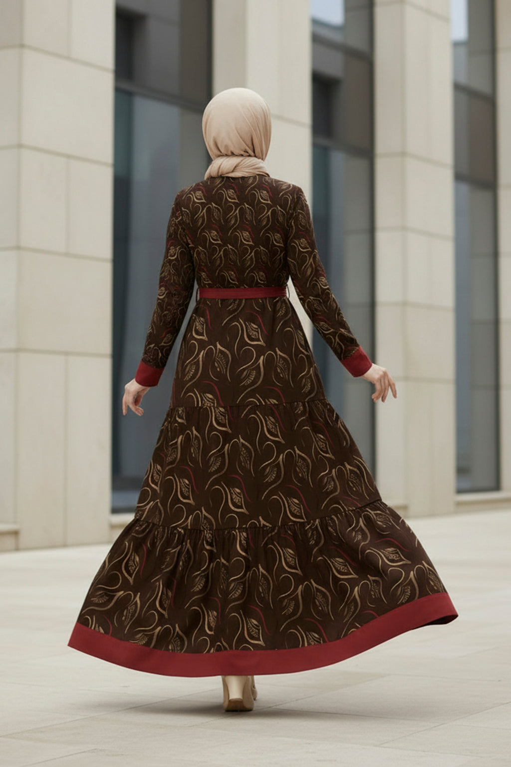 Elegant ruby noir modest maxi dress with long sleeves and waist belt – modest fashion by Tolavita