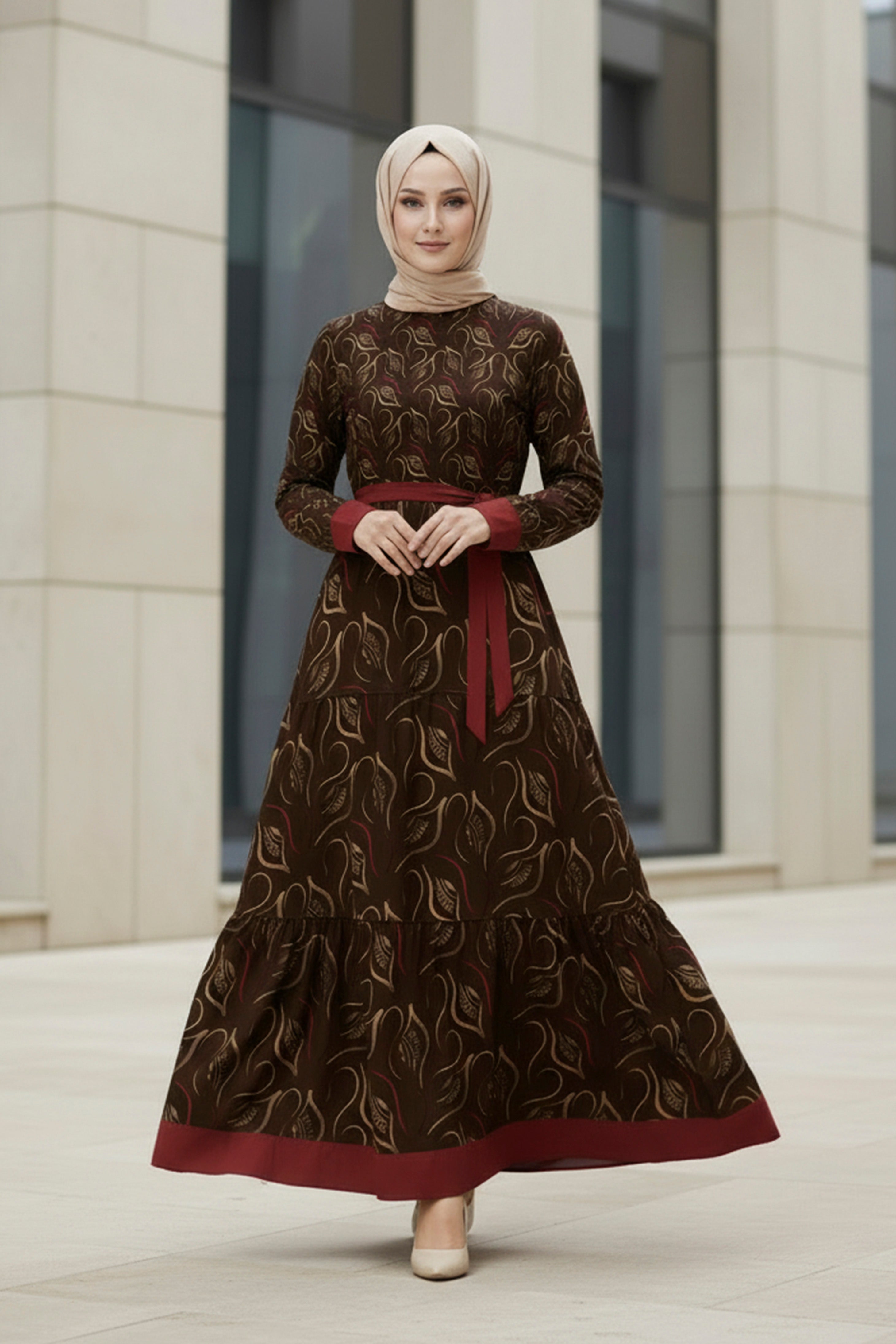 Elegant ruby noir modest maxi dress with long sleeves and waist belt – modest fashion by Tolavita