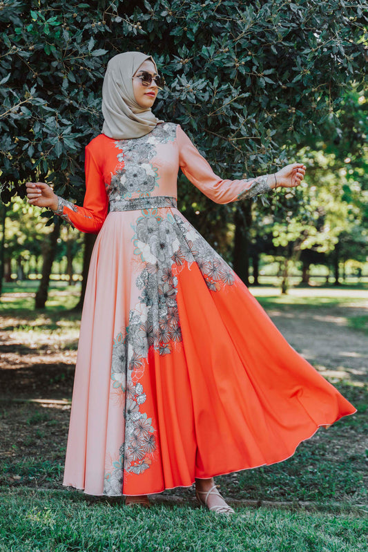Contrast Floral Dress - Modest Dresses, Abaya, Long Sleeve dress!