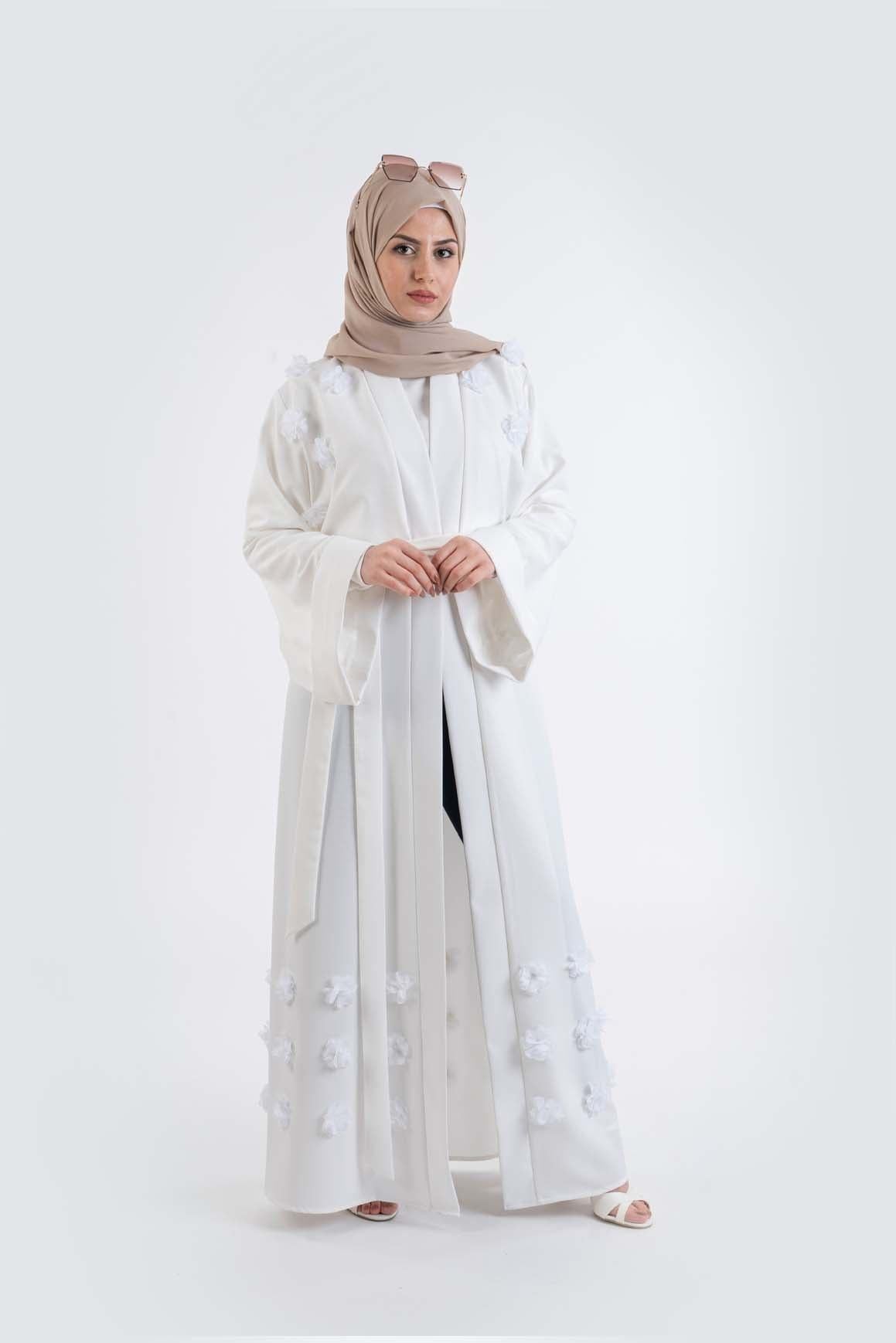 3D Flower white Abaya- Modest Dresses, Abaya,Maxi, Long Sleeve dress!