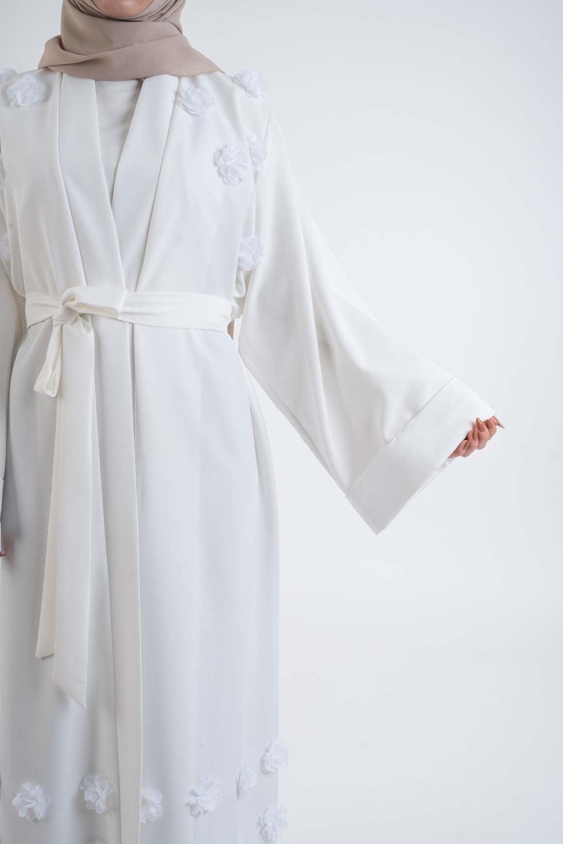 3D Flower white Abaya- Modest Dresses, Abaya,Maxi, Long Sleeve dress!