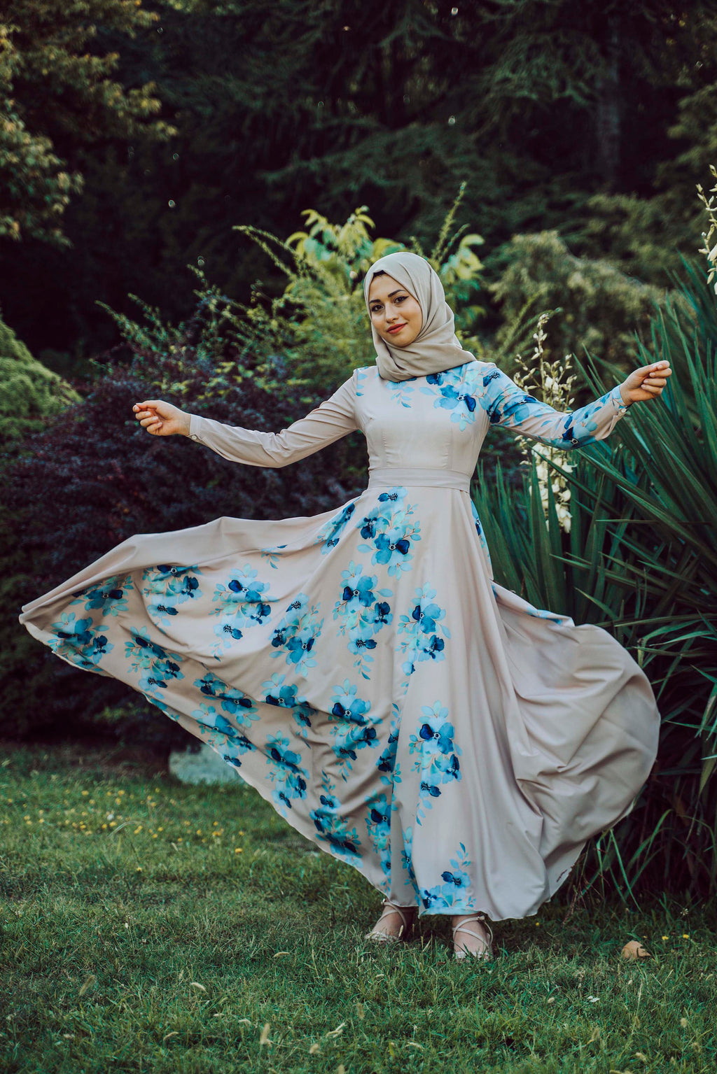 Cream Floral long dress - Modest Dresses, Abaya, Long Sleeve dress