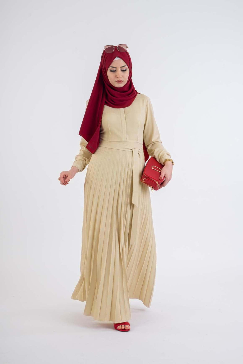 Beige pleat dress - Modest Dresses, Abaya,Maxi,  Long Sleeve dress!