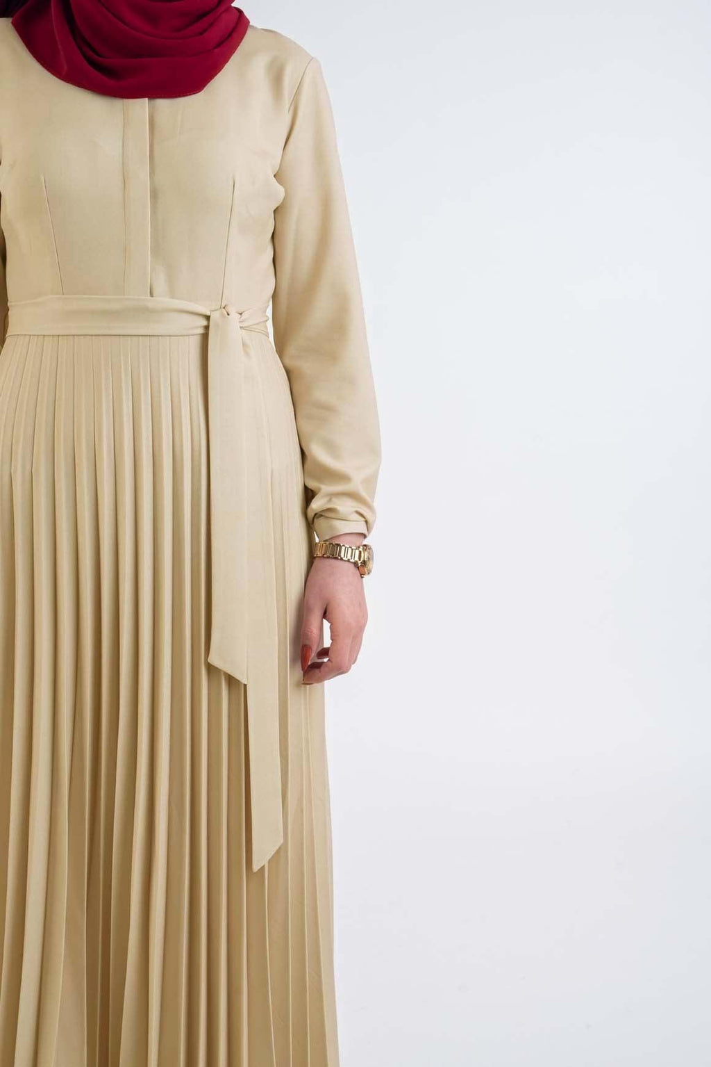 Beige pleat dress - Modest Dresses, Abaya,Maxi,  Long Sleeve dress!