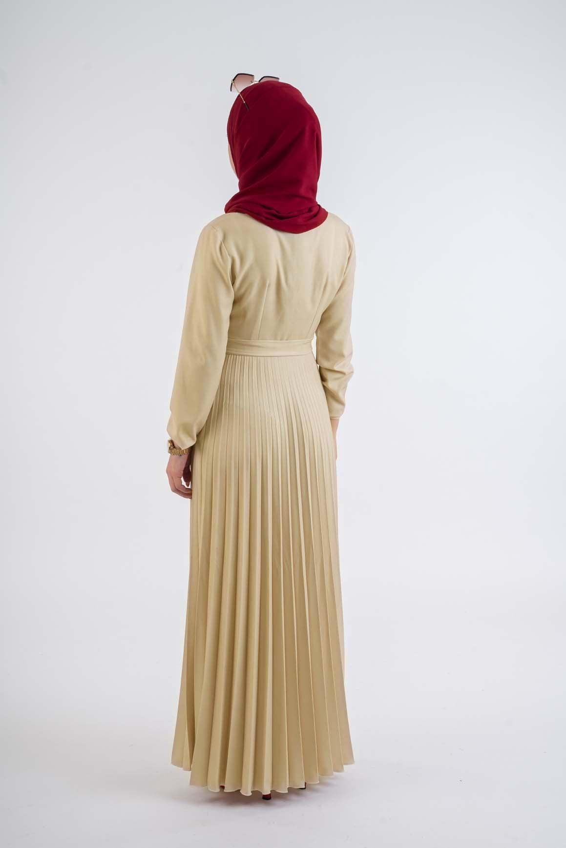 Beige pleat dress - Modest Dresses, Abaya,Maxi,  Long Sleeve dress!