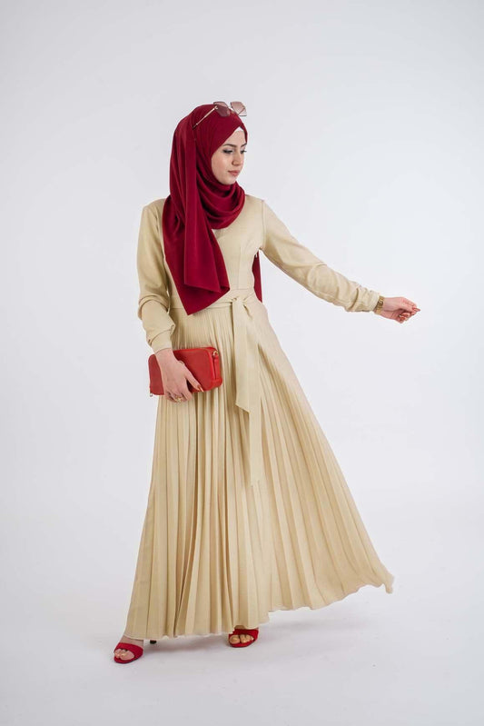 Beige pleat dress - Modest Dresses, Abaya,Maxi,  Long Sleeve dress!
