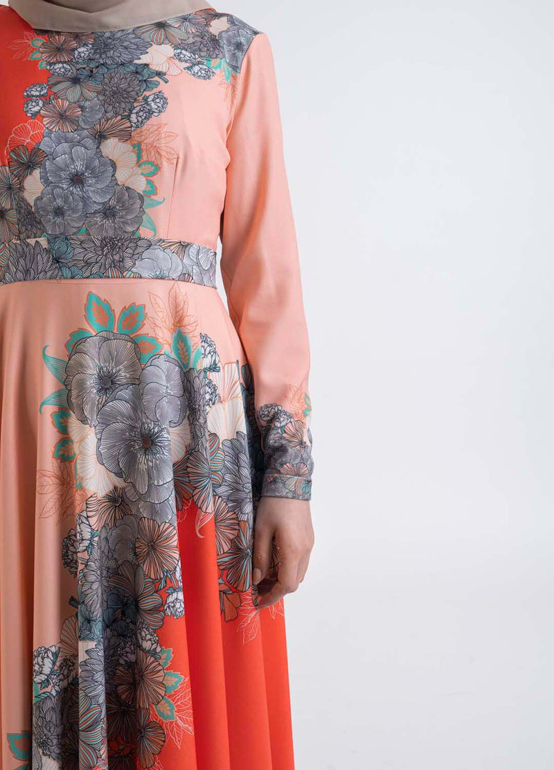 Contrast Floral Dress - Modest Dresses, Abaya, Long Sleeve dress!