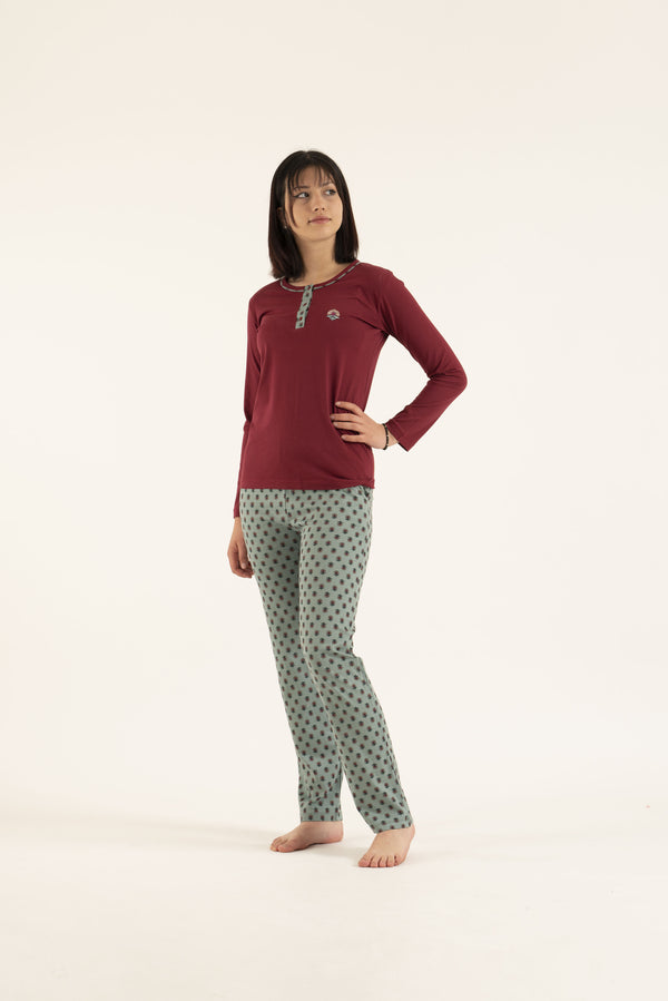 Cotton Pajamas for women long sleeve plain top printed pants 