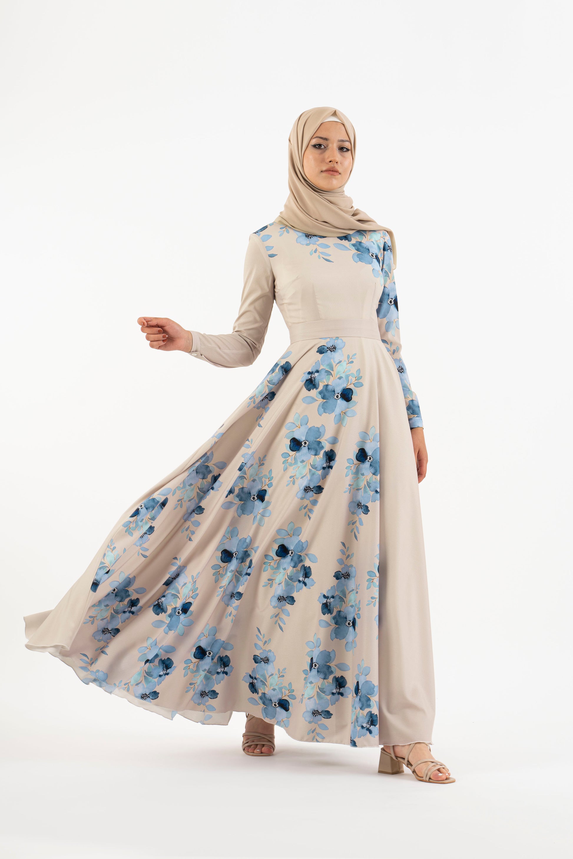 long modest dress Maxi - FARES - Rose Beige - Plisse Style fully covered back with invisible zipper White Dress, Linen Dress, Modest