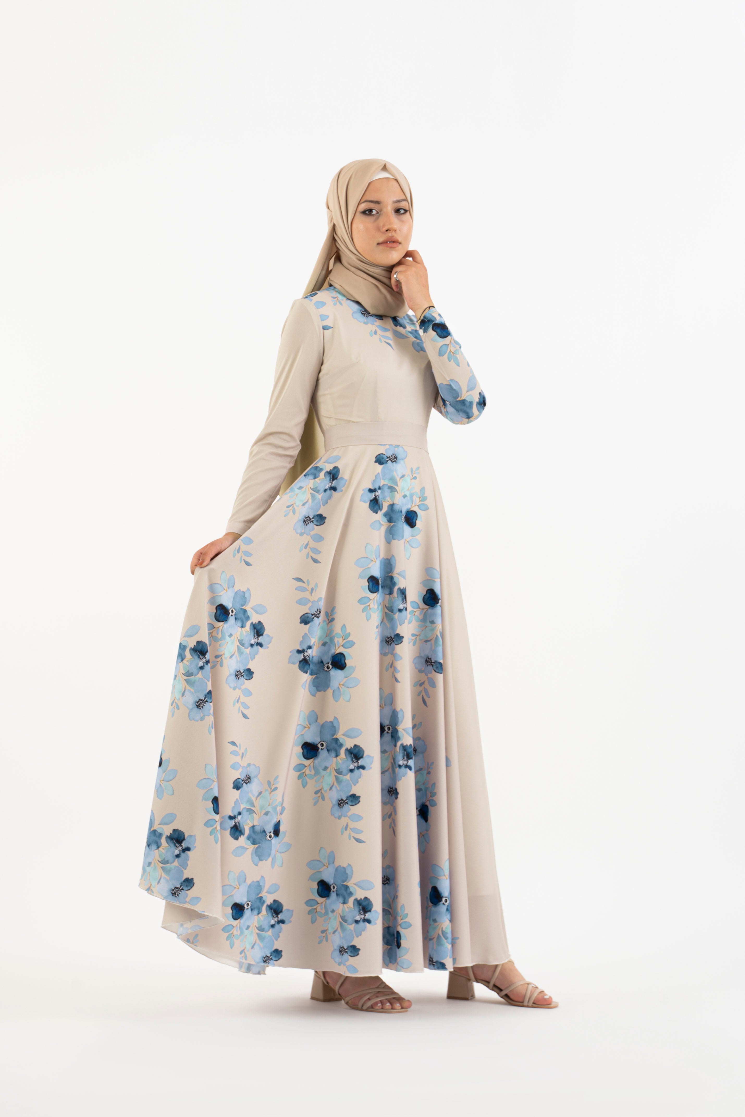 Cream Floral long dress - Modest Dresses, Abaya, Long Sleeve dress!