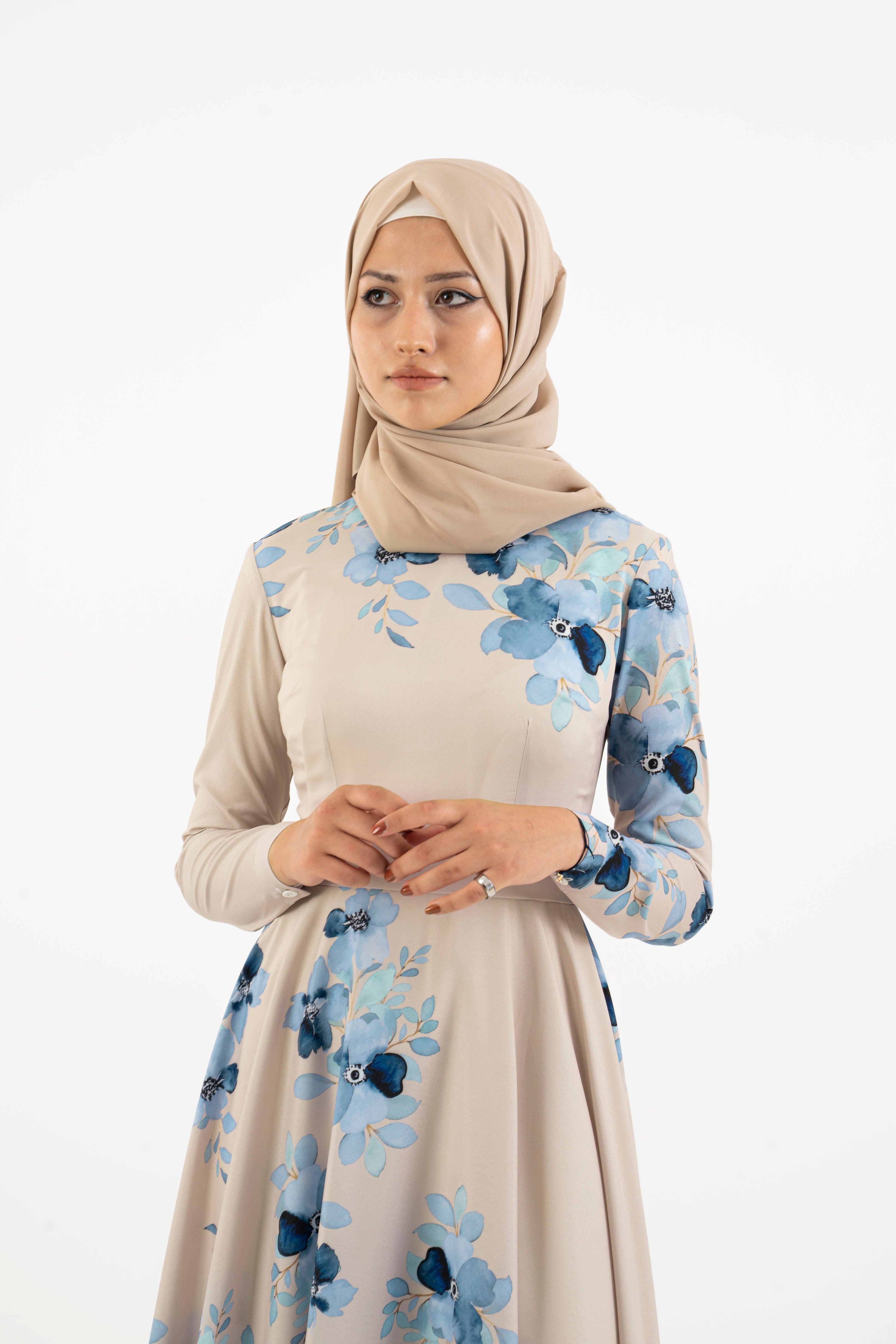 Cream Floral long dress - Modest Dresses, Abaya, Long Sleeve dress!