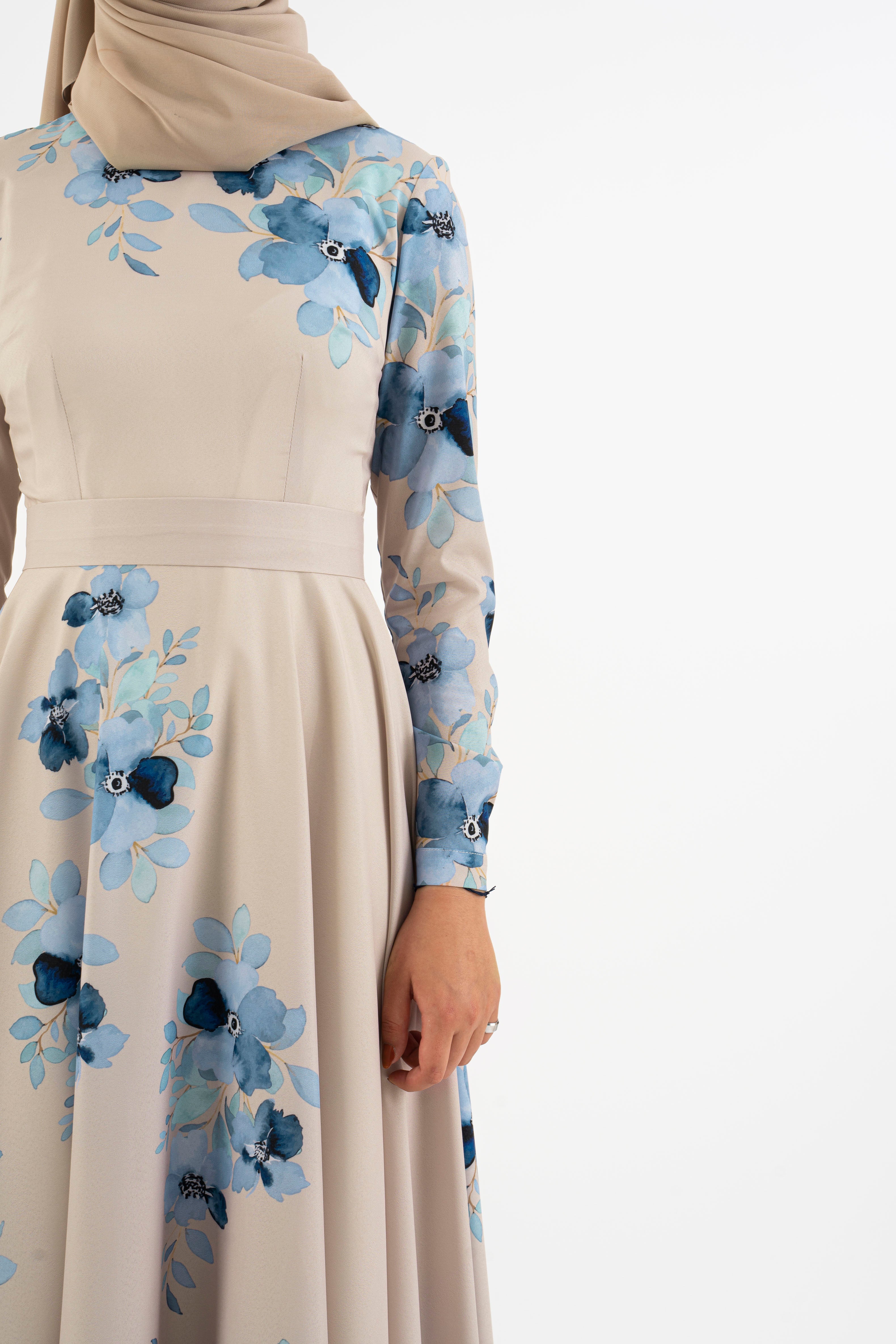Cream Floral long dress - Modest Dresses, Abaya, Long Sleeve dress!