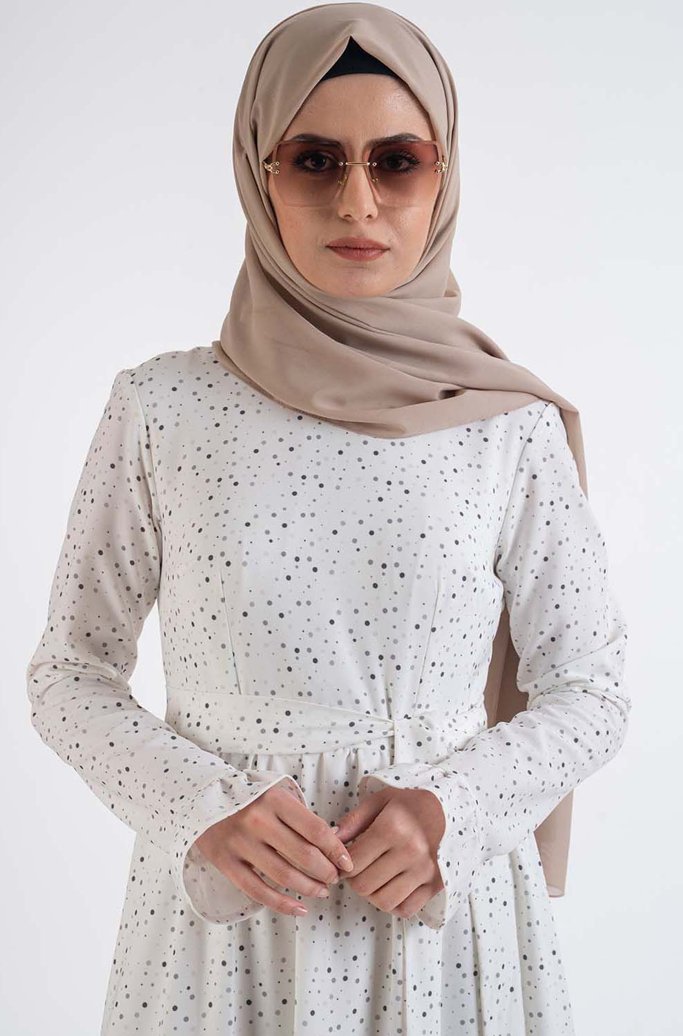 Dot shirred dress- Modest Dresses, Abaya, Long Sleeve dress!