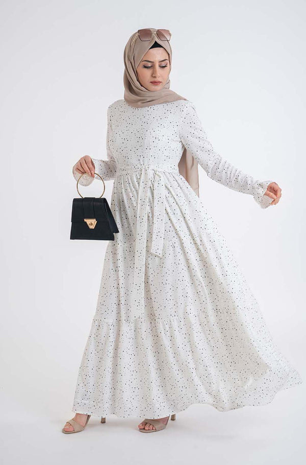 Dot shirred dress- Modest Dresses, Abaya, Long Sleeve dress!