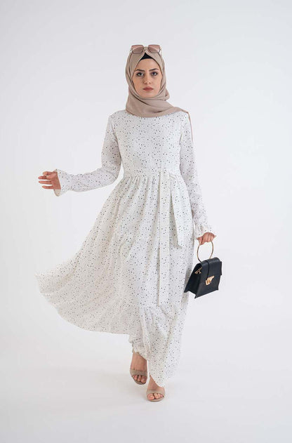 Dot shirred dress- Modest Dresses, Abaya, Long Sleeve dress!