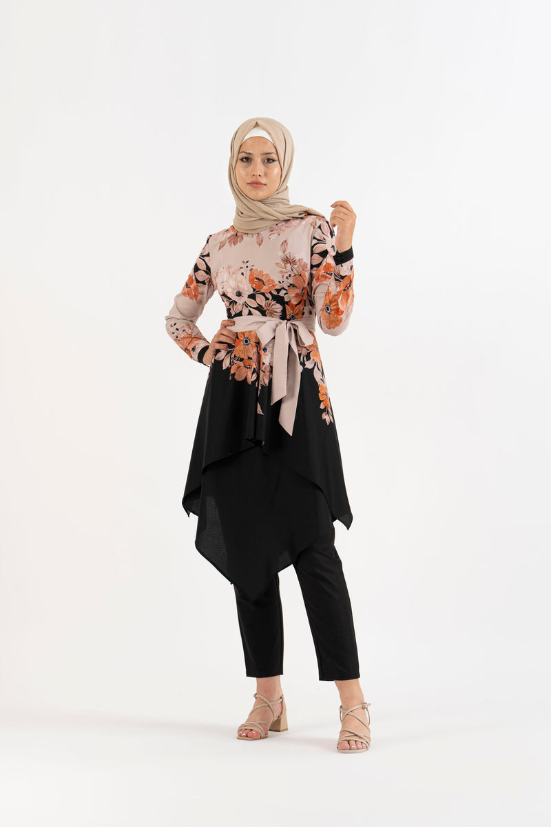 Ivory black floral tunic - Modest Dresses, Abaya, Long Sleeve dress!