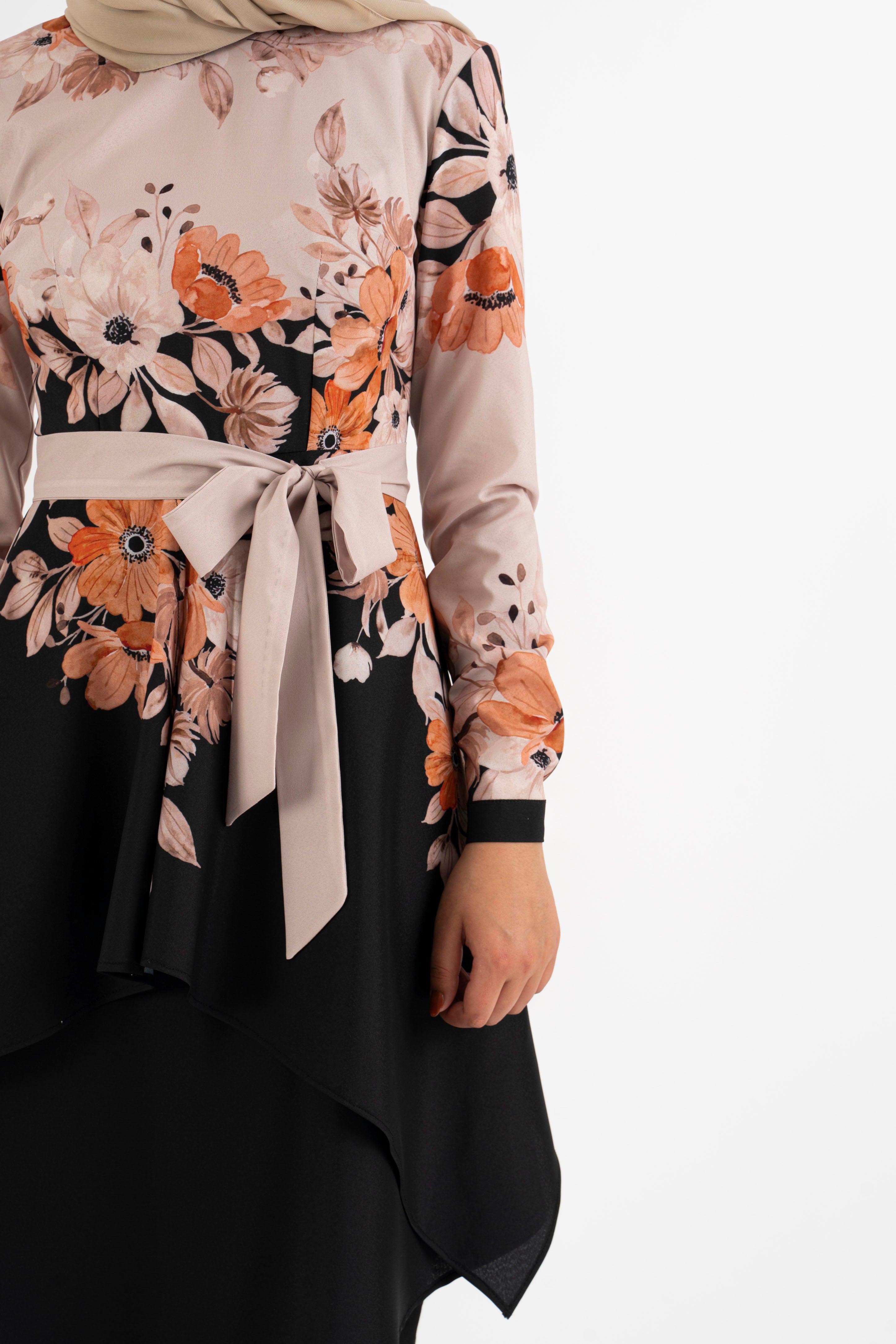 Ivory black floral tunic - Modest Dresses, Abaya, Long Sleeve dress!