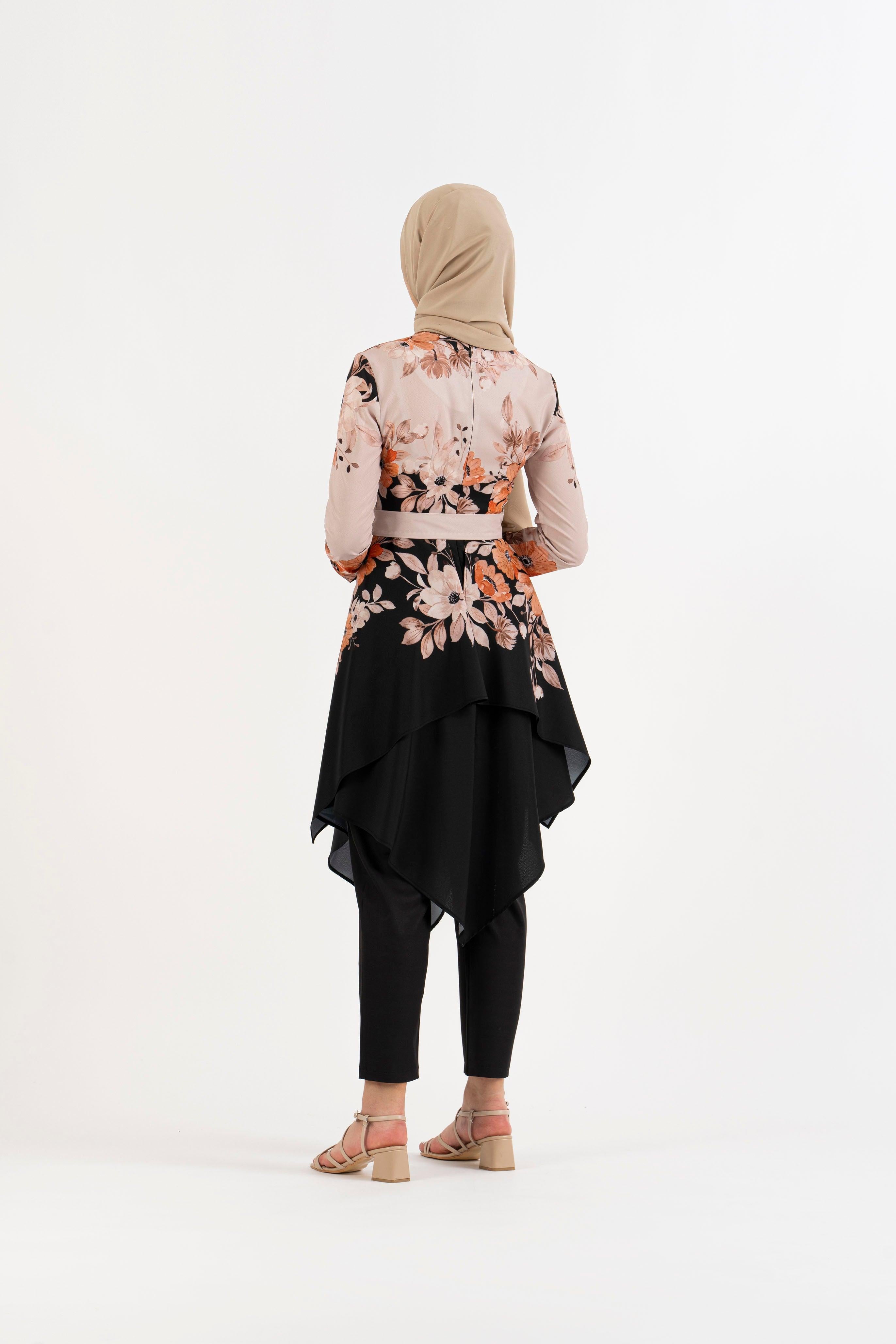 Ivory black floral tunic - Modest Dresses, Abaya, Long Sleeve dress!