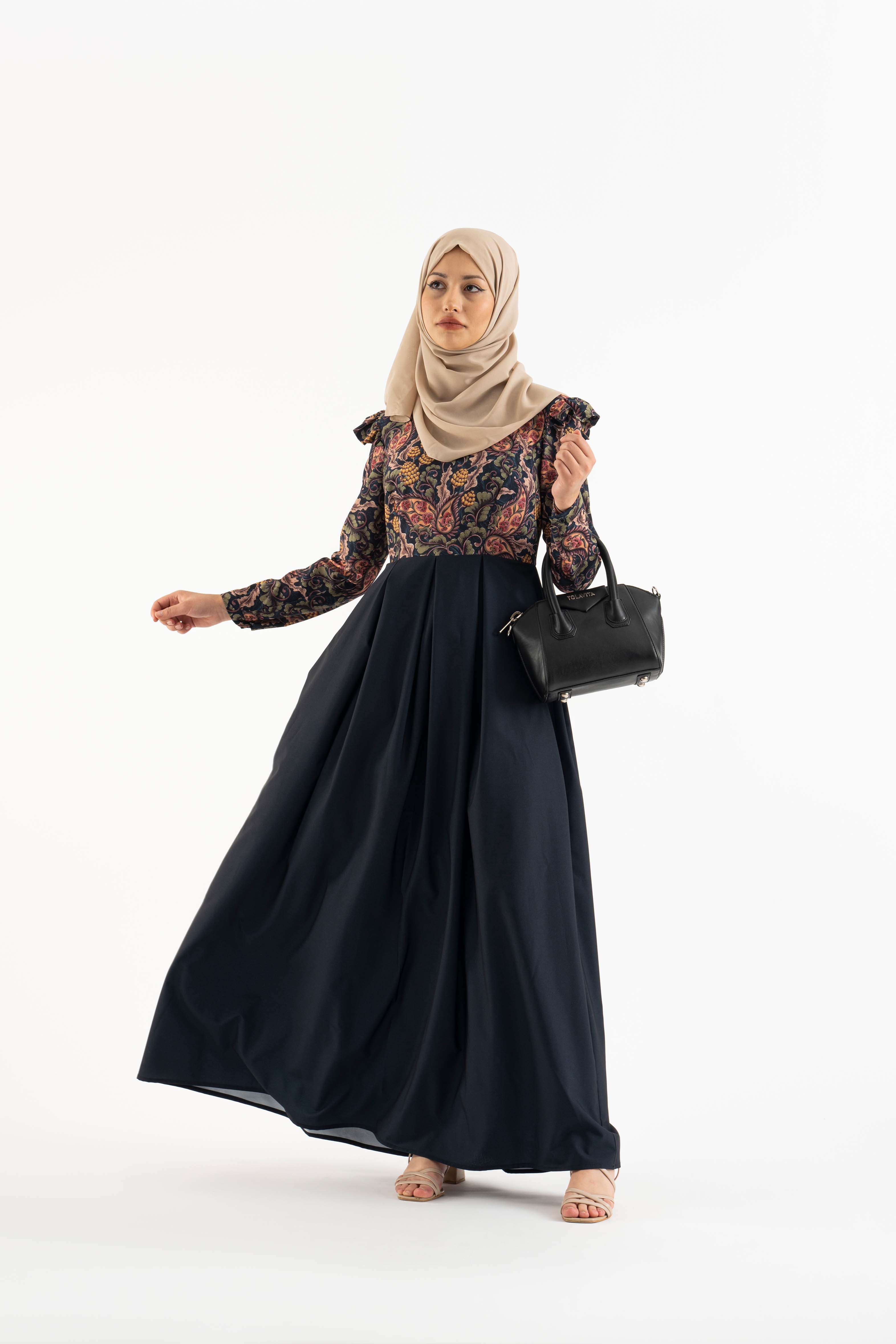 navy blue modest dresses Navy Blue Modest Long Satin Dress 43381L
