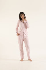 Pink Women’s Cotton long sleeve top sleepwear vertical stripes Pajama 