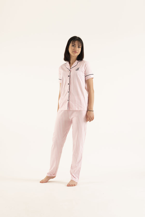 Pink Women’s Cotton  short sleeve top sleepwear vertical stripes Pajama set-20