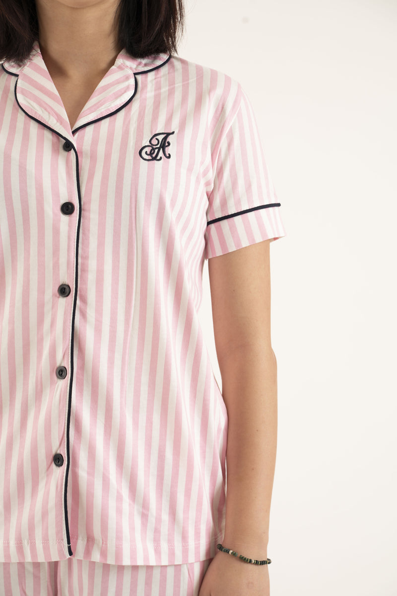 Pink Women’s Cotton  short sleeve top sleepwear vertical stripes Pajama set-20