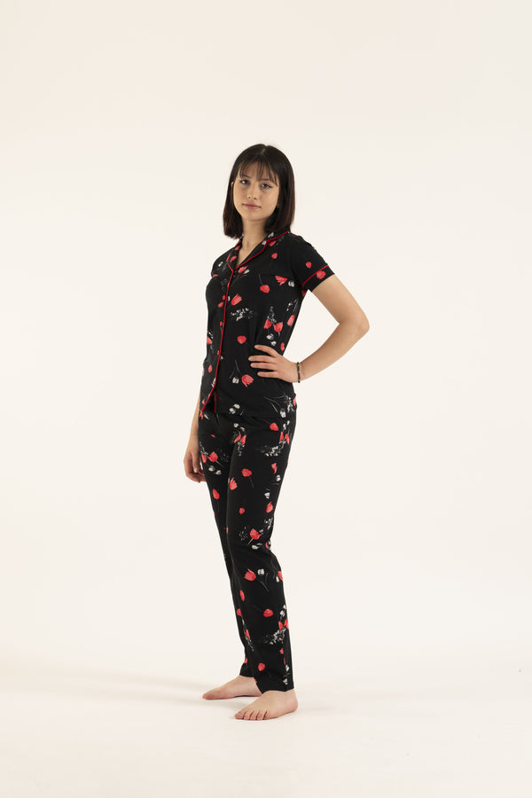 Printed Women’s Cotton short  sleeve button top lightweight 2 pieces Pajama set-22