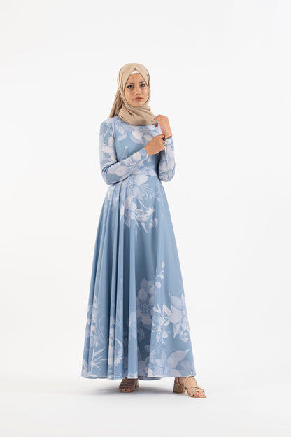 Sky blue floral long dress - Modest Dresses, Abaya, Long Sleeve dress!