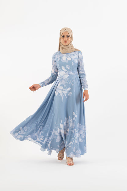 Sky blue floral long dress - Modest Dresses, Abaya, Long Sleeve dress!