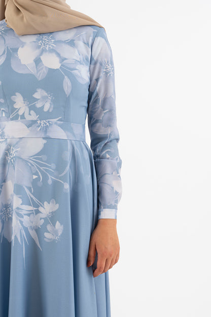 Sky blue floral long dress - Modest Dresses, Abaya, Long Sleeve dress!