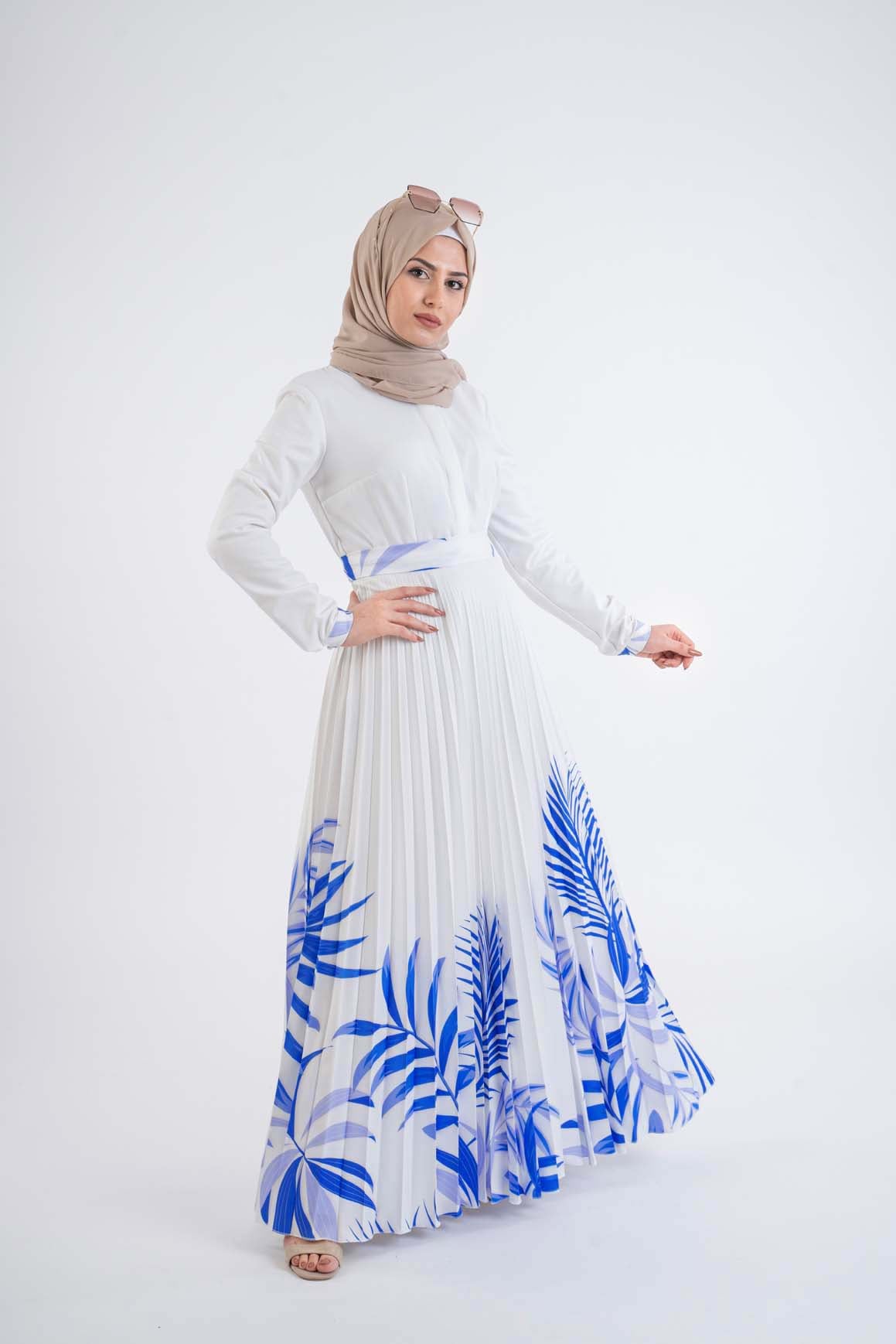 White Blue Palm Dress - Modest Dresses, Abaya, Long Sleeve dress!