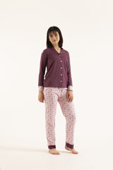 Women’s Cotton comfy long sleeve button top and printed pants Pajama 