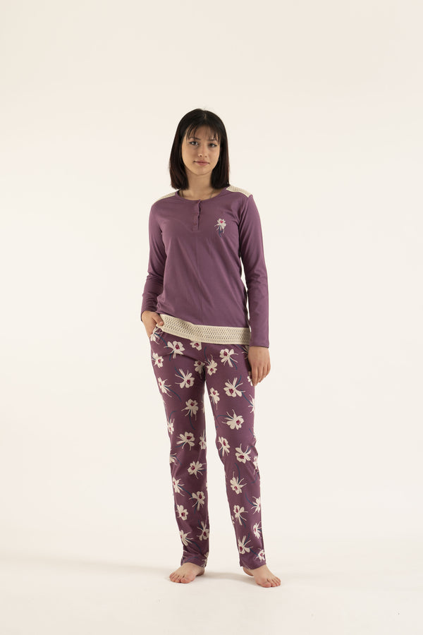 Women’s Cotton comfy long sleeve top sleepwear 2 pieces PJs set-17