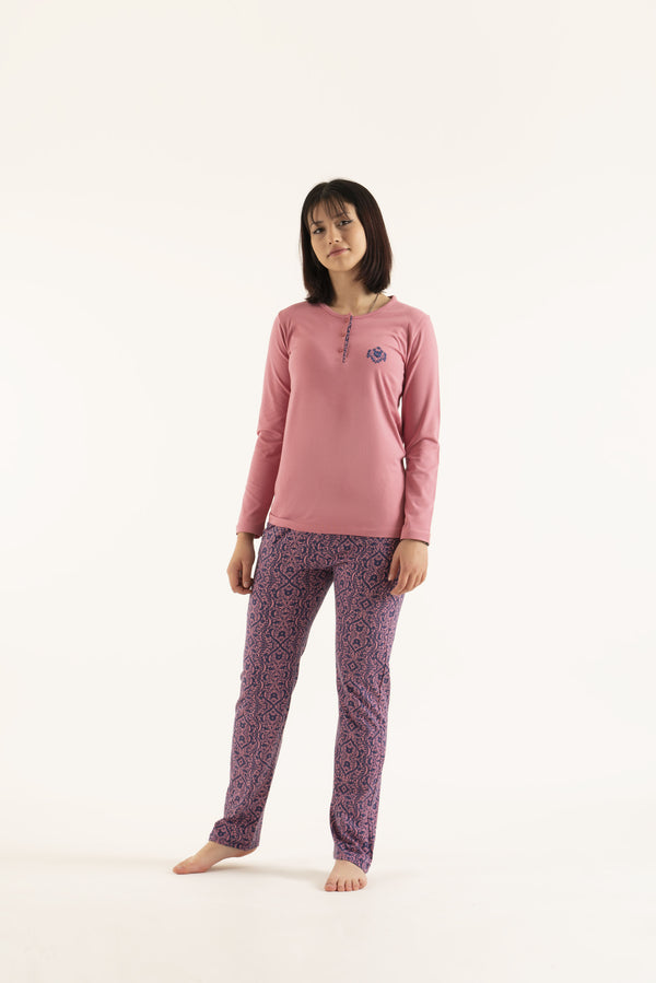 Women’s Cotton comfy long sleeve top sleepwear 2 pieces Pajama set-14