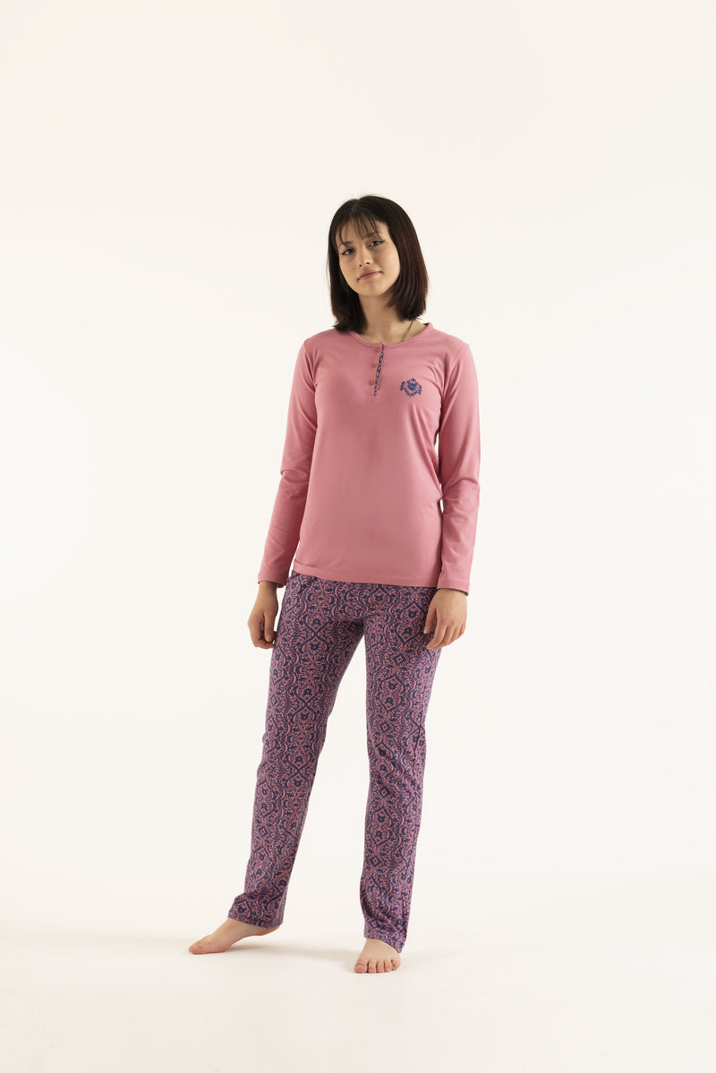 Women’s Cotton comfy long sleeve top sleepwear 2 pieces Pajama set-14
