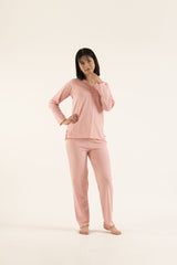Women’s Cotton comfy long sleeve top sleepwear 2 pieces plain color
