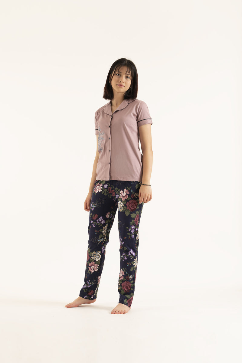 Women’s Cotton short sleeve top with Notch Collar and floral ..