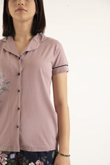Women’s Cotton short sleeve top with Notch Collar and floral ..