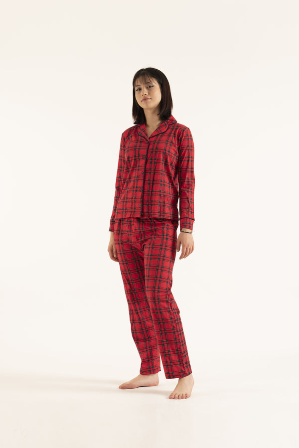 Women’s Flannel long sleeve top 2 pieces plaid Pajamas set-11
