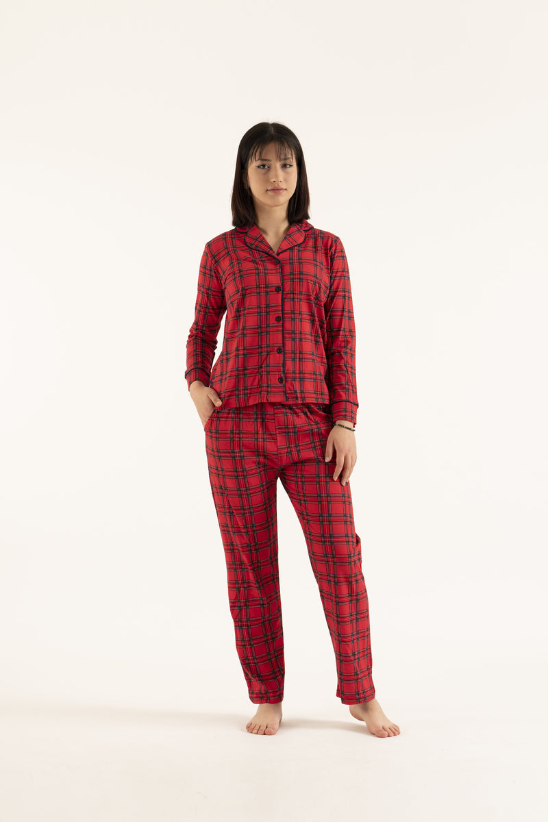 Women’s Flannel long sleeve top 2 pieces plaid Pajamas set-11