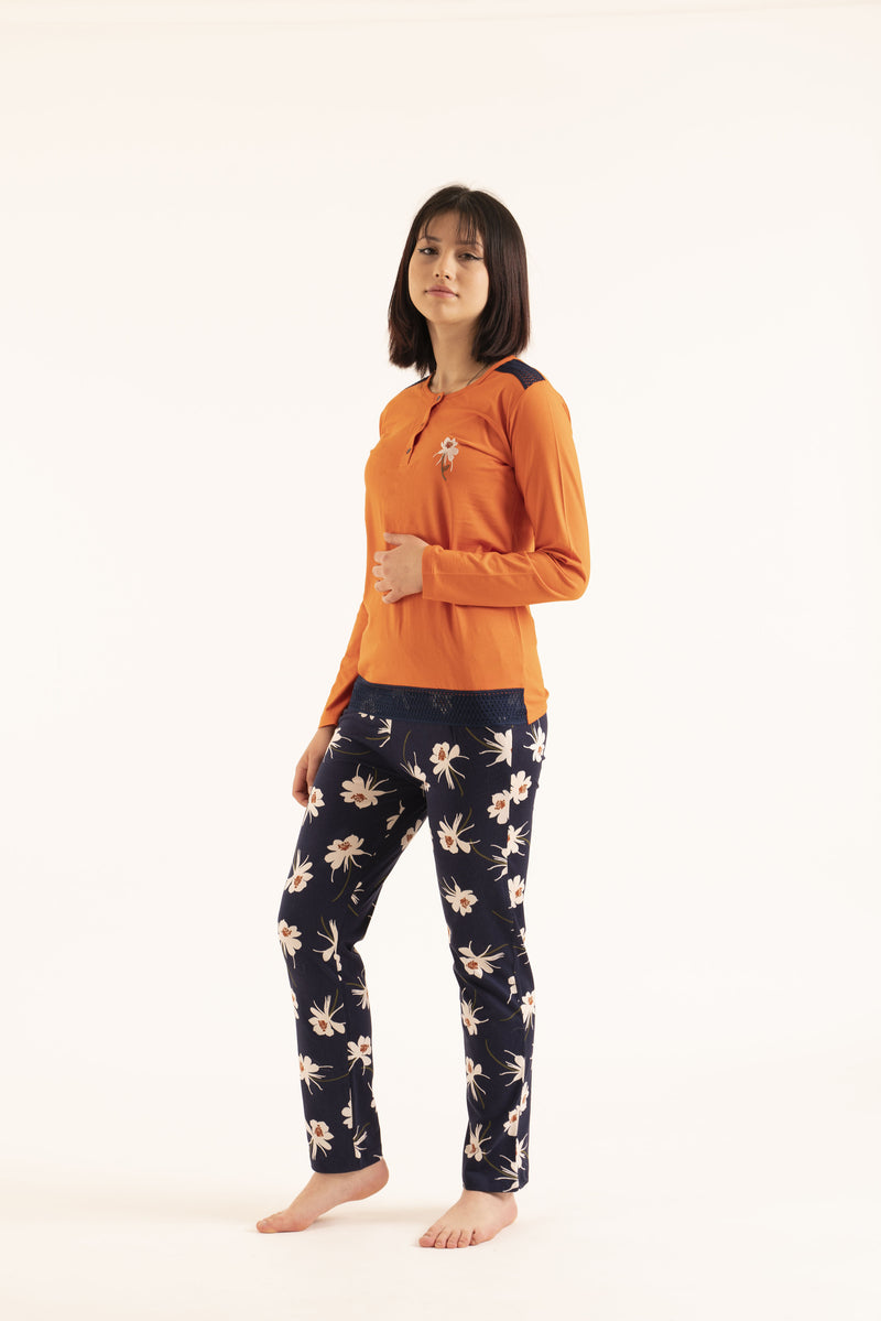 Women’s sleepwear cotton comfy long sleeve top floral prints pants PJs