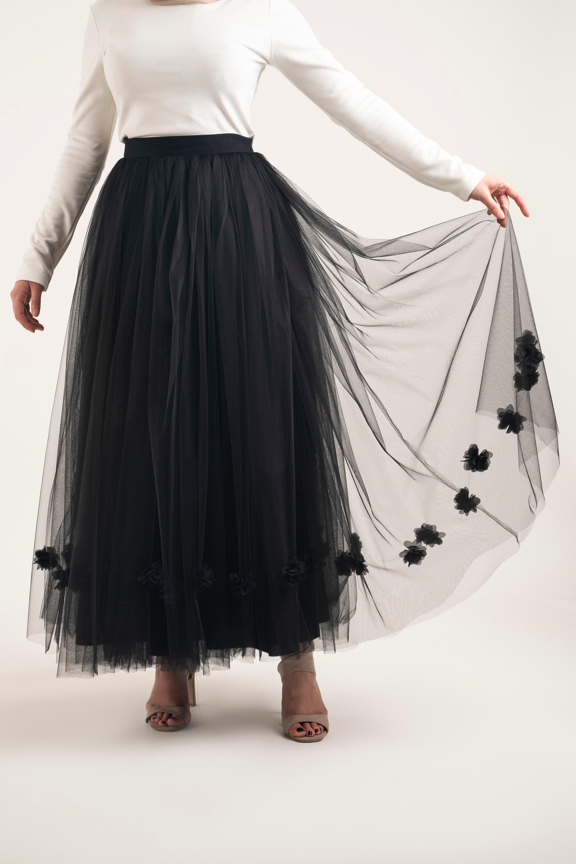 Black Floral Pleat Skirt - Modest Dresses, Abaya, Long Sleeve dress!