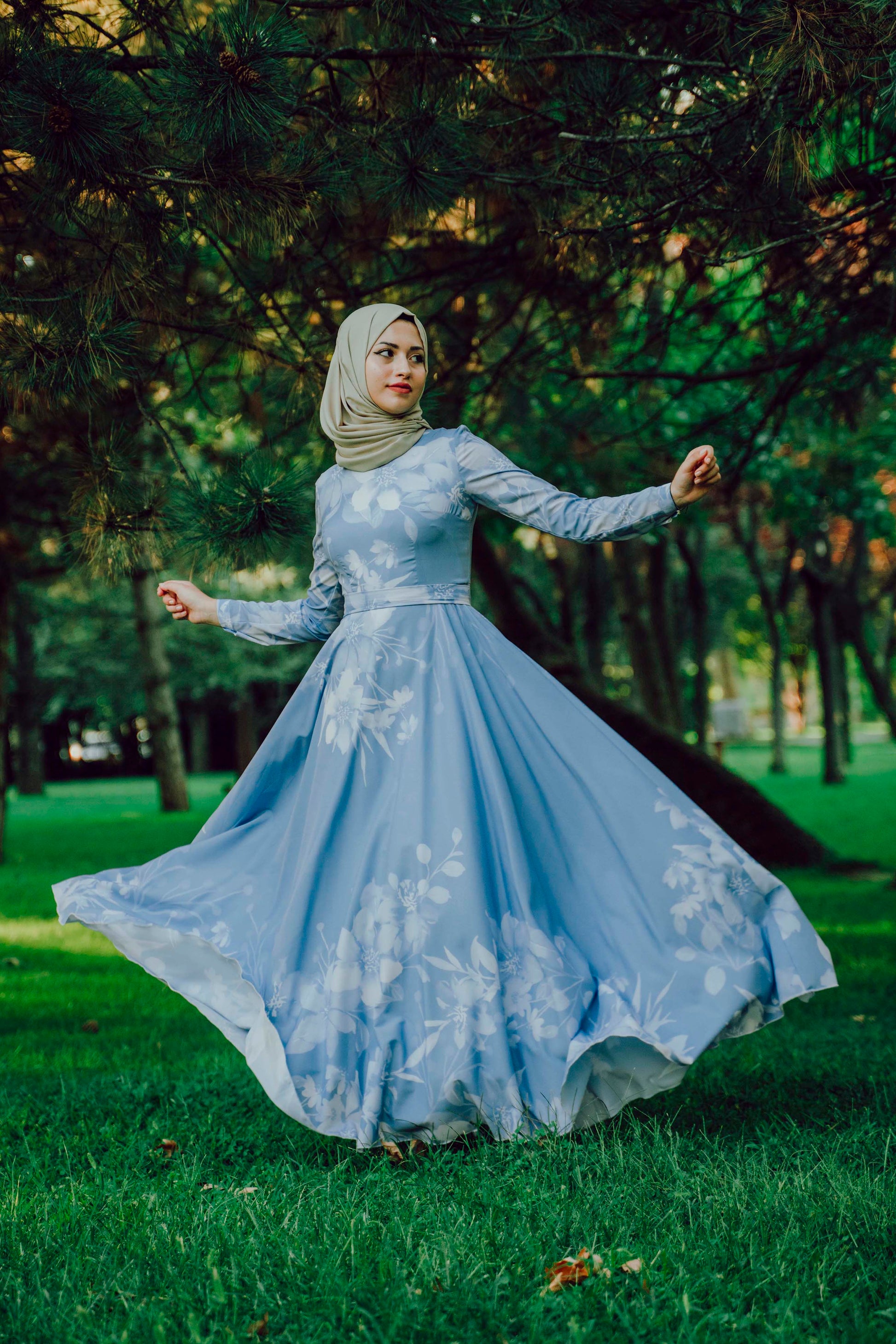 blue modest dress Dusty Chiffon Gown | Liylah 805M Modest Prom Dress with short sleeves Blue Modest Dress Stores Sky
