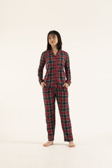 plaid Women’s sleep set long sleeve button top 2 pieces Pajamas-25